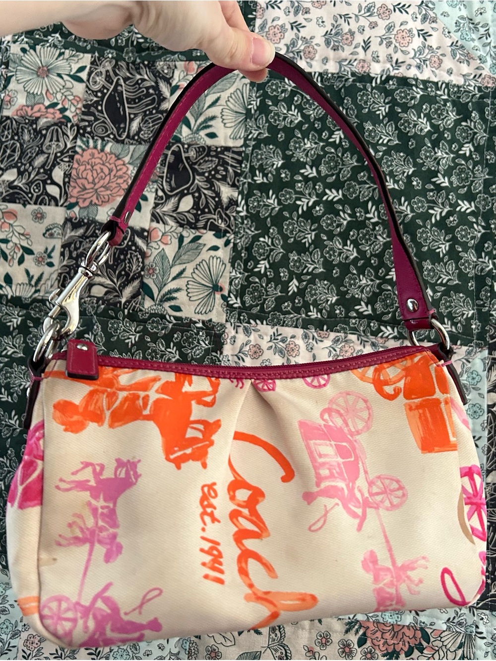 Vintage Coach Cream Canvas Shoulder Bag with Pink & Orange Print